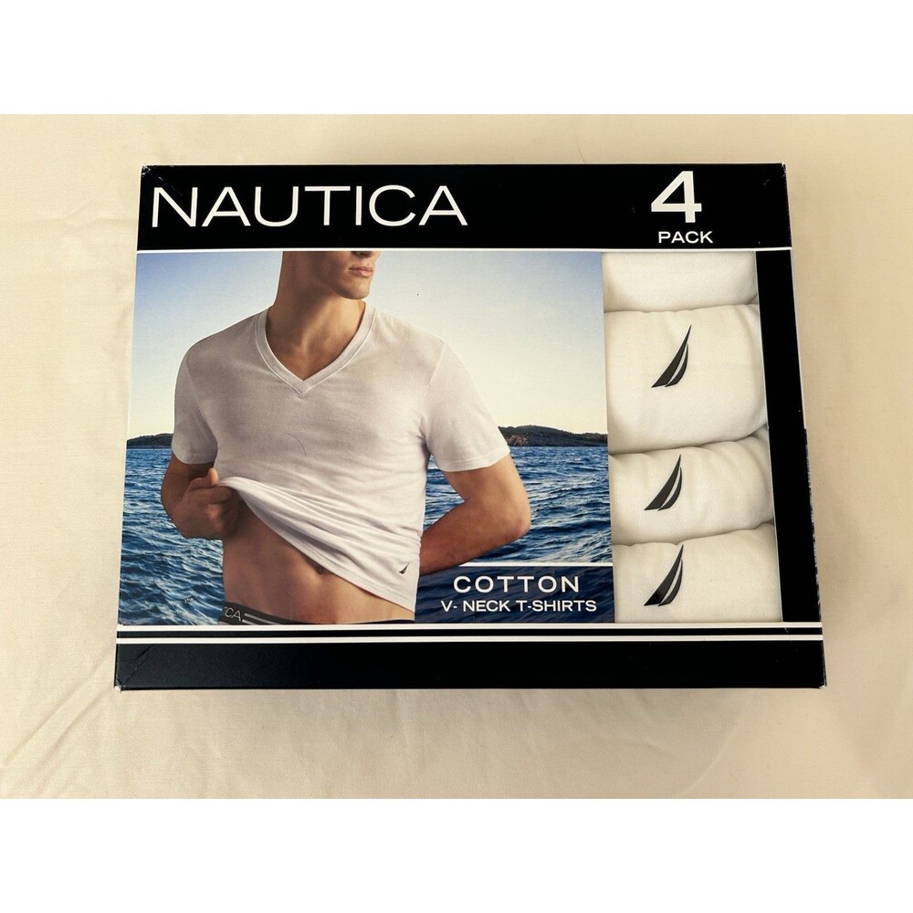New In Box Nautica Men’s V Neck T Shirts 4 Pack White SZ M 38-40